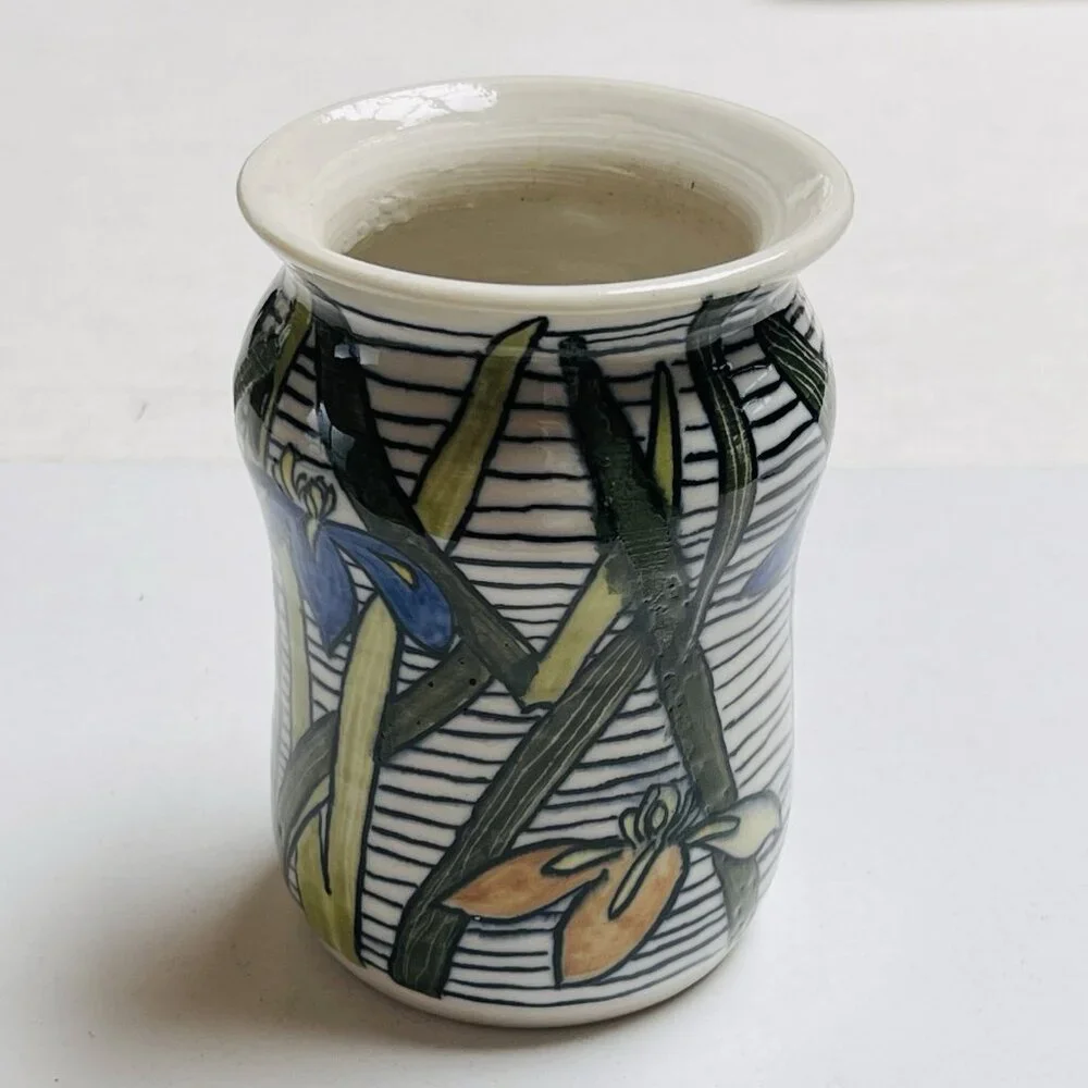 Studio Art Pottery Vase Signed Floral Blue Iris Home Decor